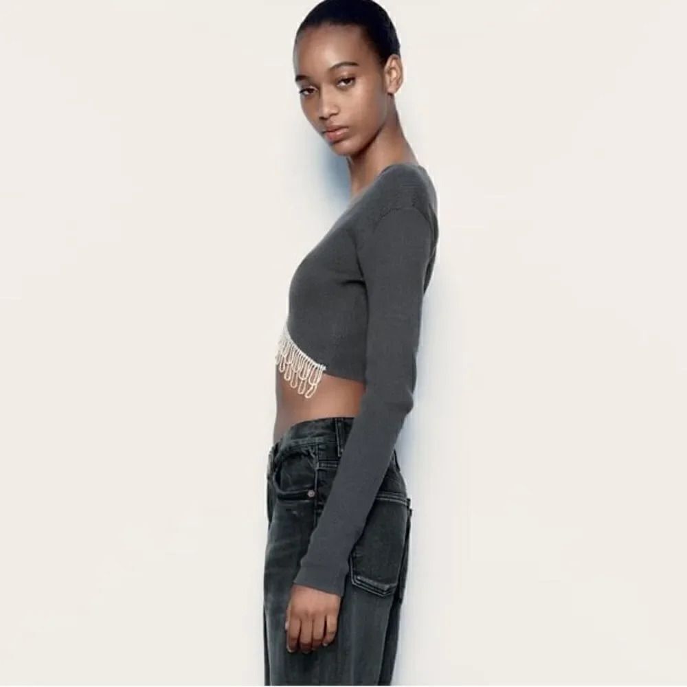 ZARA RHINESTONE SOFT CROP TOP - Picture 9 of 12